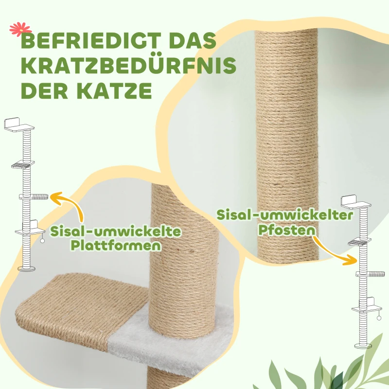 PawHut Krabpaal voor Katten, 5-traps Ontwerp, Speelgoed, Sisalpaal, Pluche, Lichtgrijs(m-6)