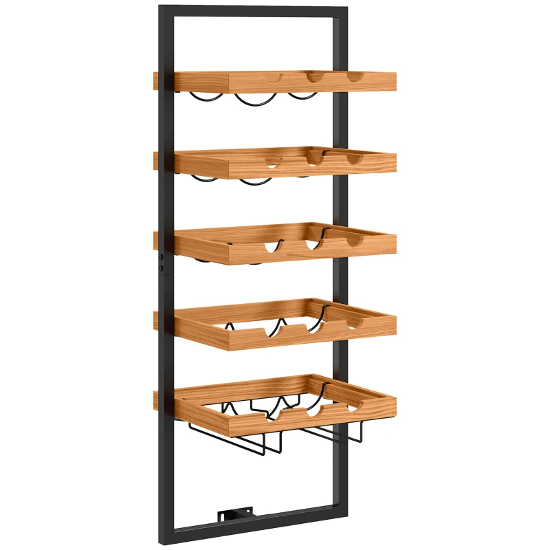 HOMCOM Wand-Weinregal, 5 Ebenen, Flaschenhalter, Gläserhalter, Kiefernholz, Stahl, Hausbar, Küche, Wohnzimmer, Braun