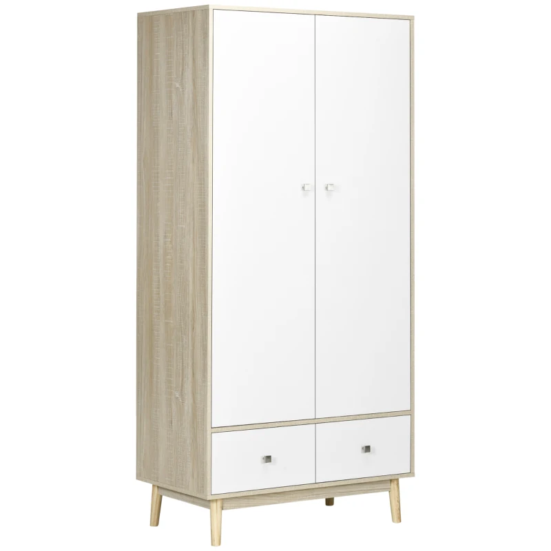 HOMCOM Armadio 2 Ante in Legno con 4 Vani, 2 Cassetti e Appendiabiti, Color Legno e Bianco, 90x50x190cm