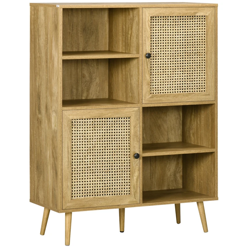 HOMCOM Buffet meuble de rangement armoire haut aspect bois et cannage design 2 portes - dim. 90L x 32,5l x 120H cm