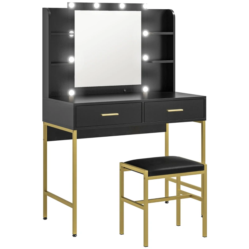 HOMCOM Tavolo da Trucco con 2 Cassetti, 6 Ripiani, Specchio e Sgabello, in Legno e Acciaio, 90x45x132.5 cm, Nero