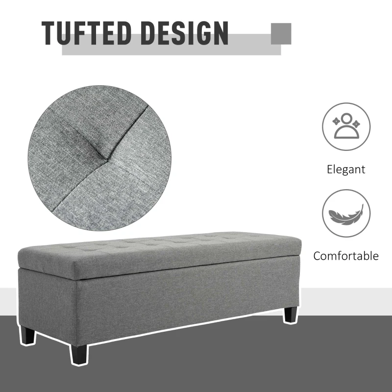 HOMCOM Storage Ottoman, Linen Upholstered End of Bed Bench, Padded Footrest with Button Tufting, Hinged Lid and Wood Frame, Grey