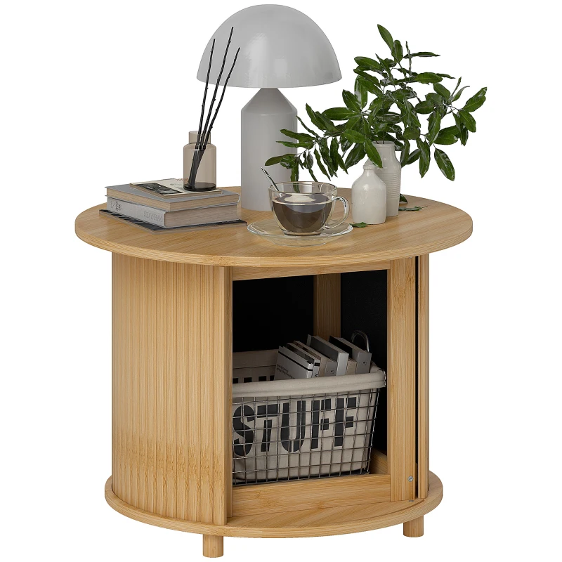 HOMCOM Table basse ronde table de salon en bambou avec rangement caché et porte coulissante, dim. Ø 60 x 45H cm, bois naturel(m-10)