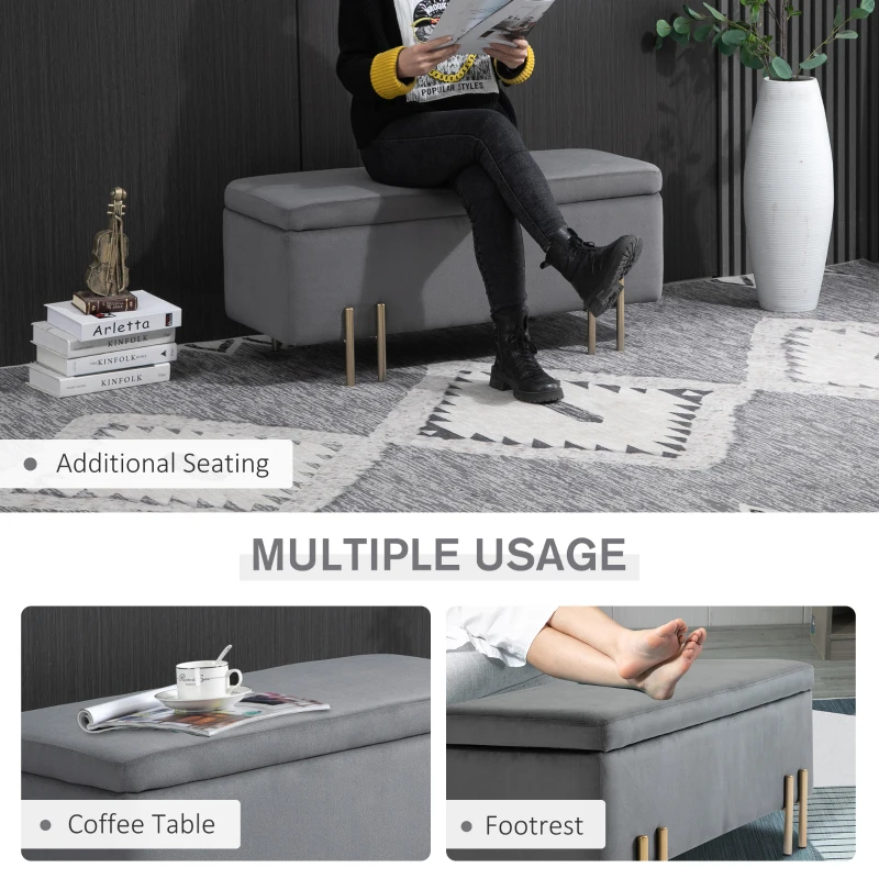 HOMCOM Storage Ottoman, Rectangle Footstool, Light Luxury Storage Bench with Cushion and Soft Surface, Dark Grey