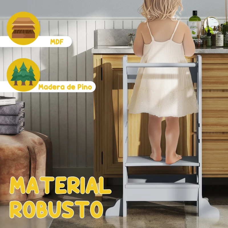 AIYAPLAY Torre de Aprendizaje para Niños con Pedal Altura Ajustable en 3 Niveles y Barrera de Seguridad 45x47,5x91 cm Gris