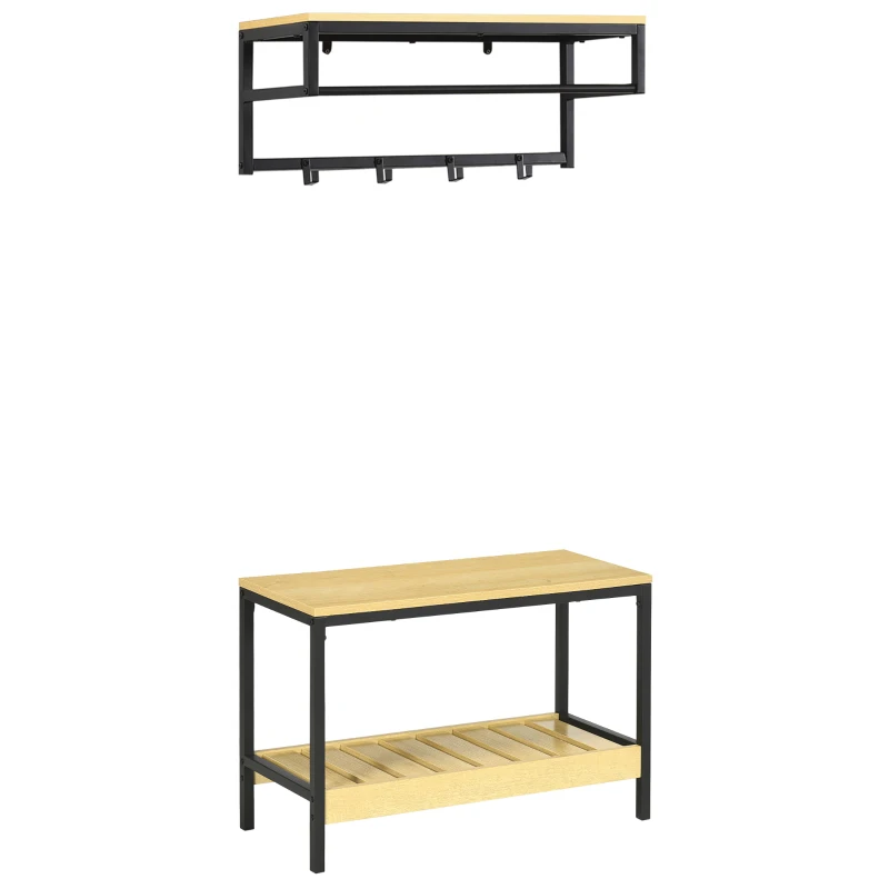 HOMCOM Recibidor Moderno con Perchero de Pared y Banco Zapatero Muebles de Entrada con 4 Ganchos 1 Barra y 1 Estante Roble