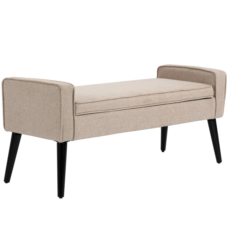 HOMCOM Banc de rangement, coffre de rangement avec assise rembourré, bout de lit en tissu aspect lin avec pieds effilés en bois, 120 x 45 x 54 cm, beige