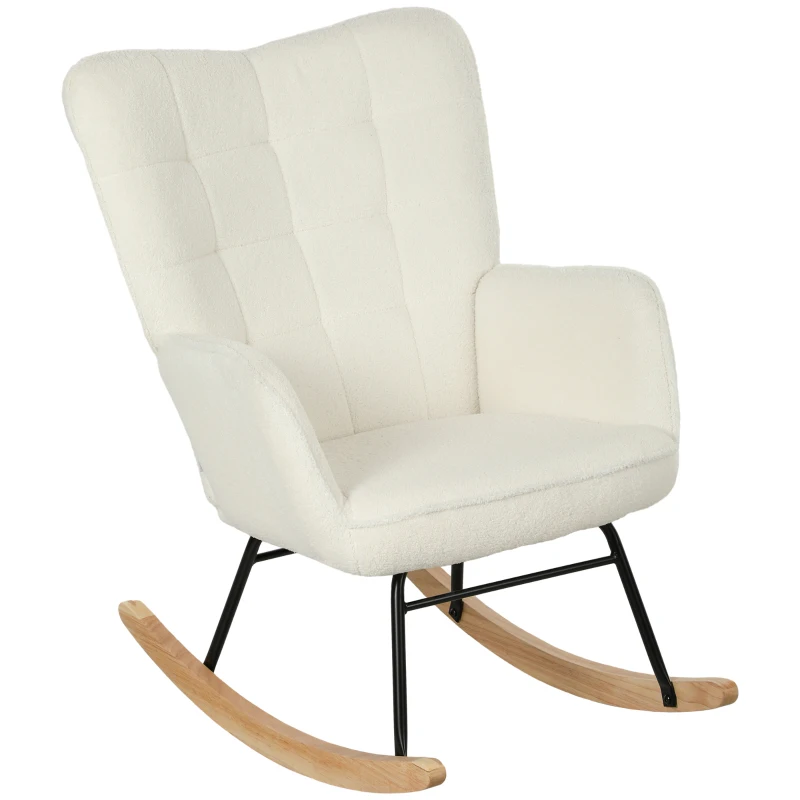 HOMCOM Schaukelstuhl in Vliesoptik mit Armlehnen, Ergonomischer Sessel mit Holzkufen, für Wohnzimmer, Schlafzimmer, Weiß