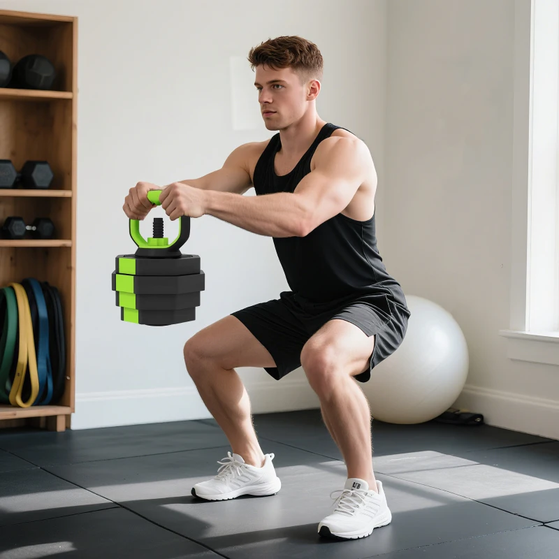 SPORTNOW Set di Manubri Regolabili da 25 kg 4 in 1, con funzione di Kettlebell, Manubri, Bilanciere e Supporto per Flessioni, Verde