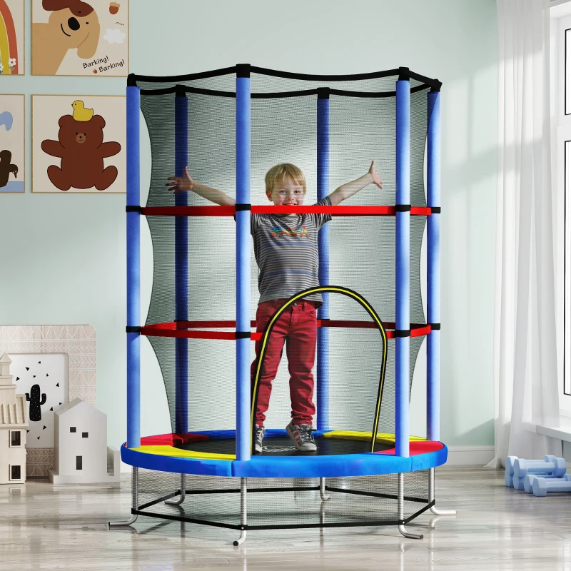 HOMCOM Kindertrampoline met Veiligheidsnet, Elastische Veren, tot 45 kg Belastbaar, Stalen Frame, Ø140x160cm, Veelkleurig