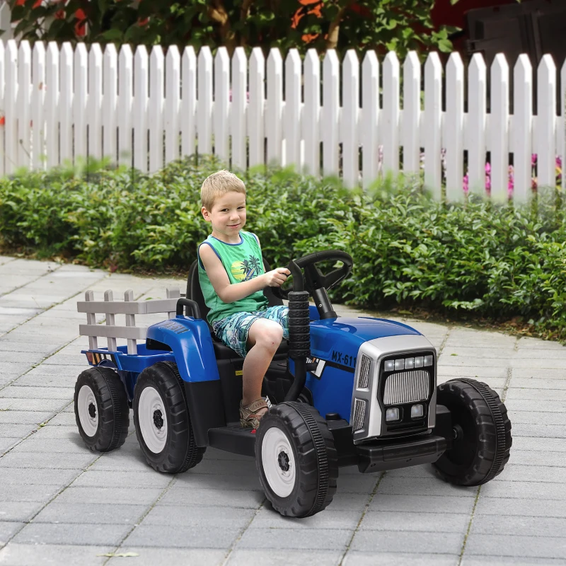 HOMCOM Auto elettrica per bambini con rimorchio, telecomando, fari, 3-6 km/h, per 3-6 anni, Blu