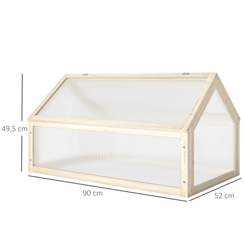Outsunny Mini-broeikas, Compacte plantenkas van hout, Polycarbonaat platen, Ventilatieopening, 90L x 52B x 49,5H cm, Natuur(m-3)