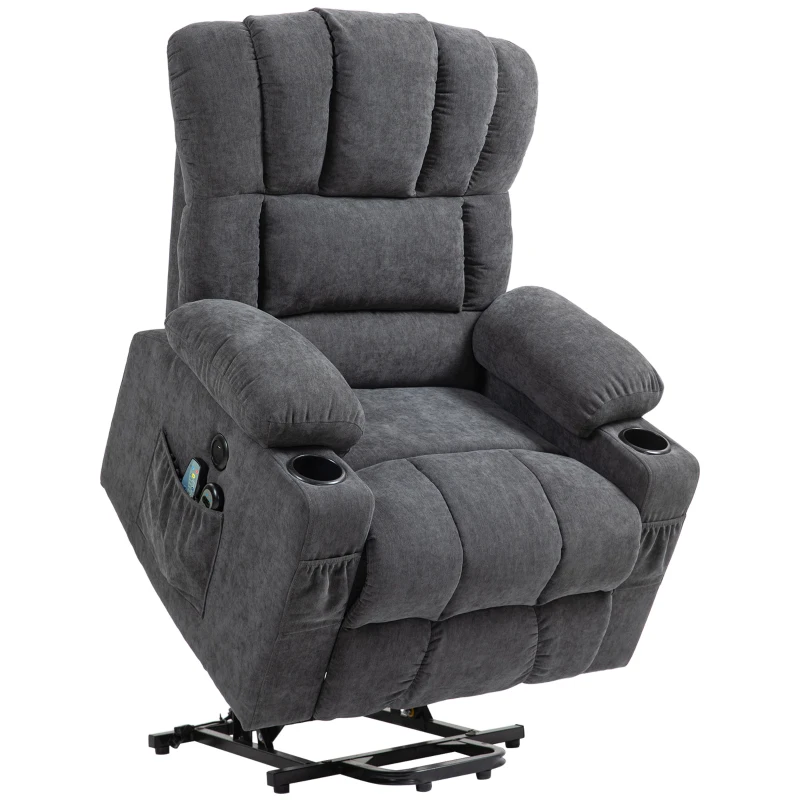 HOMCOM Elektrischer Power Lift Aufsteh-Sessel mit Massage- und Wärmefunktion, USB-Anschlüssen, Becherhaltern, Dunkelgrau