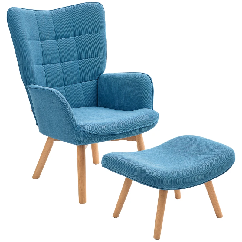 HOMCOM Akzentsessel mit Hocker, Relaxsessel in Cord-Optik, Armlehnstuhl mit Holzbeinen, für Wohnzimmer, Blau