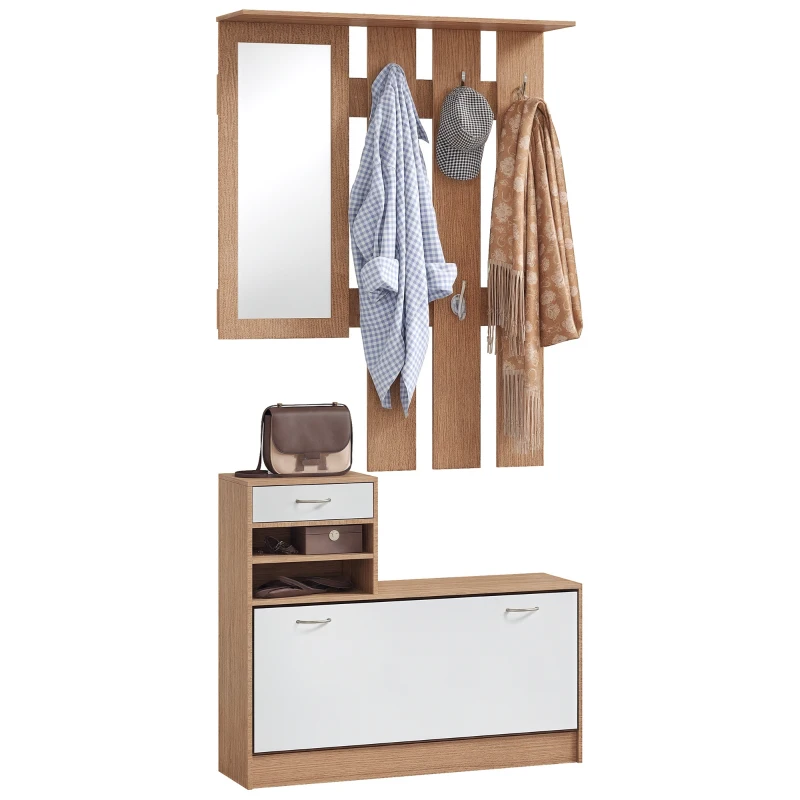 HOMCOM Mobile Appendiabiti 3 in 1 con Scarpiera e Specchio, Ganci e Cassetti, in Legno, 90x24x177 cm, Bianco e Noce