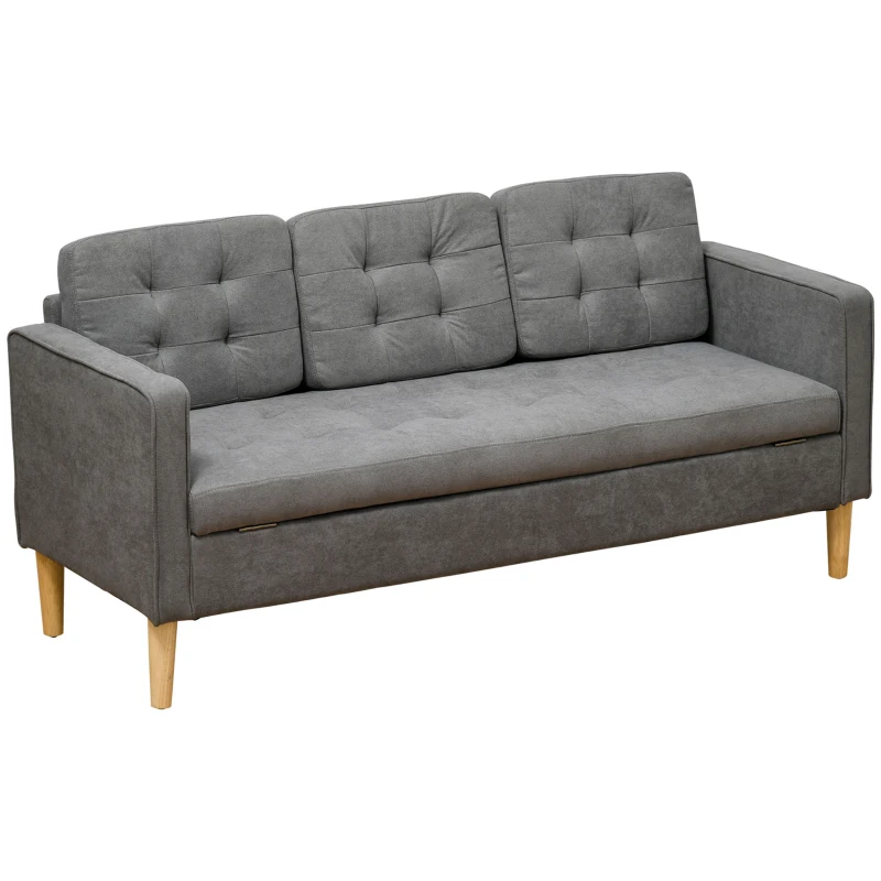 HOMCOM Sofá de 3 Plazas Acolchado con 3 Cojines y Reposabrazos Espacio de Almacenaje Estilo Moderno para Salón Dormitorio 166,5x62x82 cm Gris