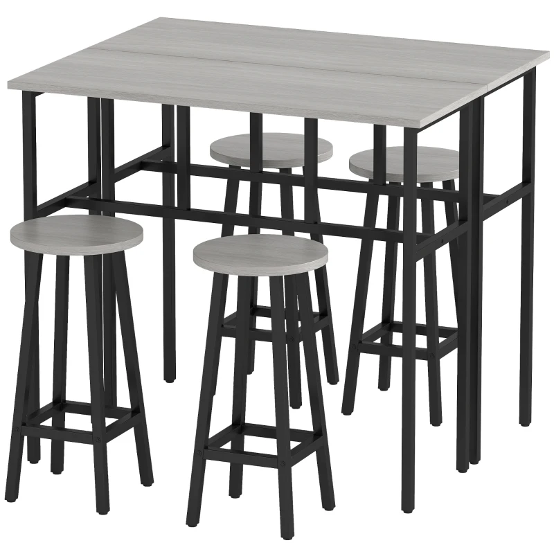 HOMCOM Set da Bar 6 Pezzi con 4 Sgabelli da Bar e 2 Tavoli Alti in Legno Truciolato e Acciaio per Cucina e Soggiorno, Grigio