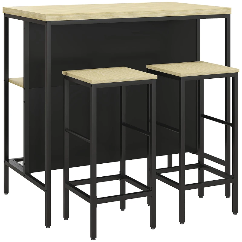 HOMCOM Bar-Set, 2 Barstühle & 1 Bartisch, fleckenresistent, stabil, Stahlrahmen, Schwarz/Eiche