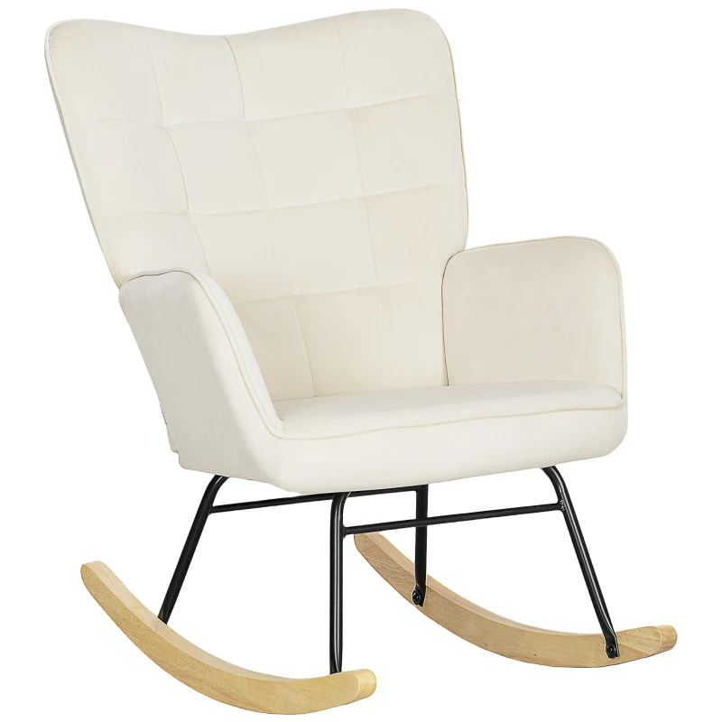 HOMCOM Schaukelstuhl, dicke Polsterung, breite Rückenlehne, Buchenholz/Stahlrahmen, bis 120 kg, Beige