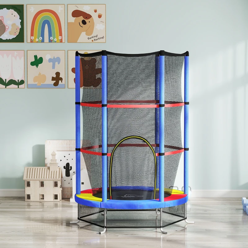 HOMCOM Kindertrampoline met Veiligheidsnet, Elastische Veren, tot 45 kg Belastbaar, Stalen Frame, Ø140x160cm, Veelkleurig