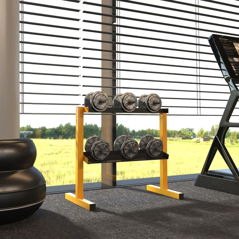 SPORTNOW Dumbbell Rek voor Korte Halters, Tot 270 kg, 2 Schappen, Stalen Frame, Geel, 92,5 x 50,5 x 80,5 cm