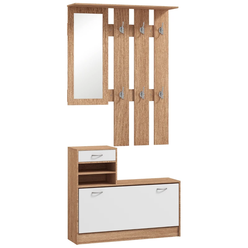 HOMCOM Mobile Appendiabiti 3 in 1 con Scarpiera e Specchio, Ganci e Cassetti, in Legno, 90x24x177 cm, Bianco e Noce