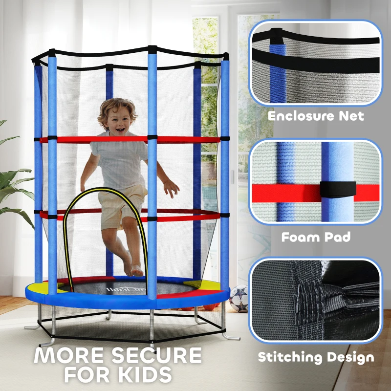 HOMCOM Kindertrampoline met Veiligheidsnet, Elastische Veren, tot 45 kg Belastbaar, Stalen Frame, Ø140x160cm, Veelkleurig