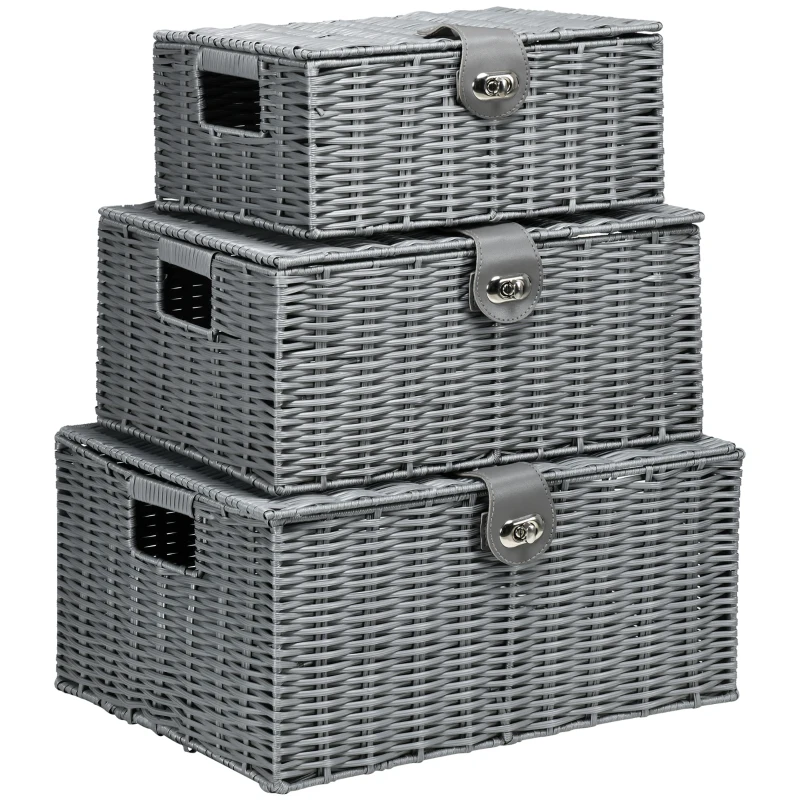 HOMCOM 3er-Set Aufbewahrungskörbe aus PE- Rattan, mit Verschluss, Tragegriffen, 35,5 cm x 28,5 cm x 18 cm, Grau