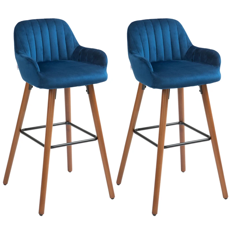 HOMCOM Set 2 Sgabelli da Bar Moderni in Velluto con Schienale e Braccioli, Base in Legno e Poggiapiedi, Blu Scuro