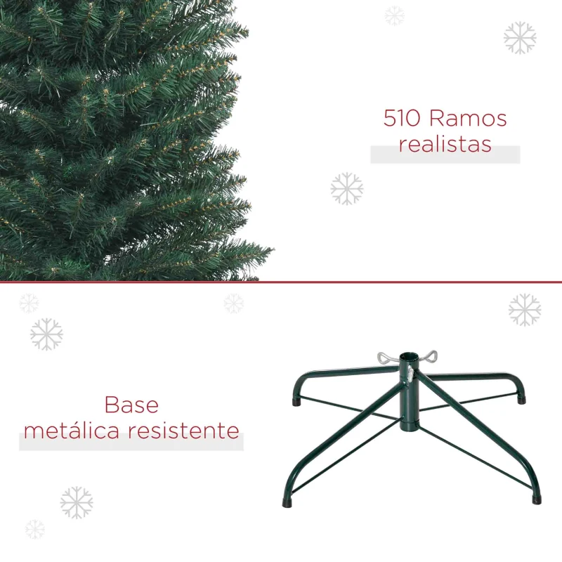 HOMCOM Árvore de Natal Artificial Altura 210cm com 510 Ramos de Folhas de PVC Ignífugos Base Dobrável e Suporte Metálico Verde