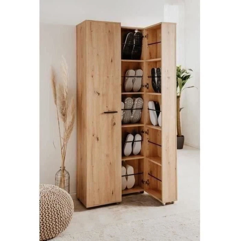 Meuble a chaussures Lugo - Décor chene artisan - 74 x 181,5 x 34 cm - Capacité 32 Paires