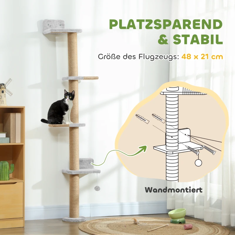 PawHut Krabpaal voor Katten, 5-traps Ontwerp, Speelgoed, Sisalpaal, Pluche, Lichtgrijs(m-5)