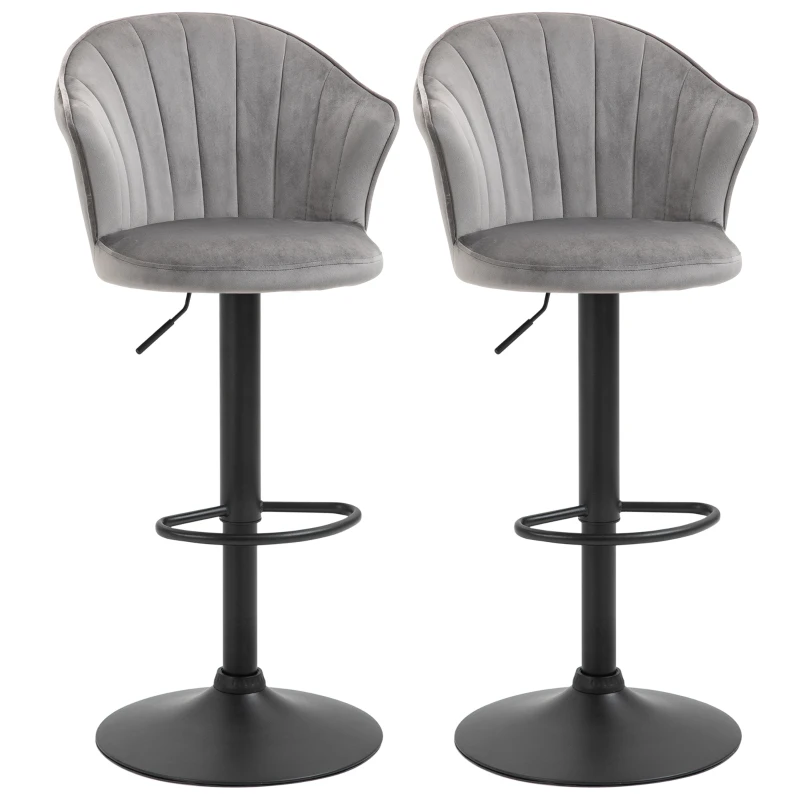 HOMCOM Bar Stool Set of 2 Adjustable Height Upholstered Swivel Counter Chairs with Backrest, Footrest, Grey