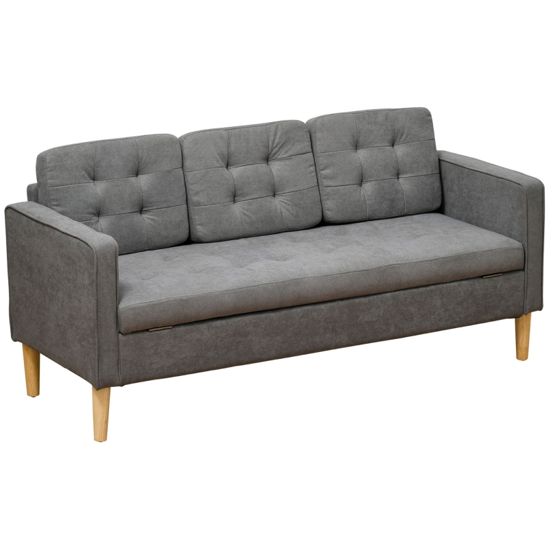 HOMCOM Divano 3 Posti Moderno in Tessuto Grigio con Vano Contenitore e Design Scandinavo, Grigio, 166.5x62x82cm
