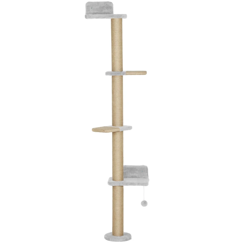 PawHut Katzenkratzbaum, 5-stufiges Design, Spielzeug, Sisalpfosten, Plüschstoff, Hellgrau