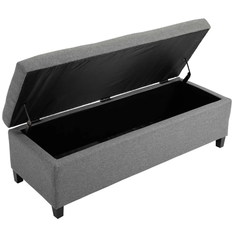 HOMCOM Storage Ottoman, Linen Upholstered End of Bed Bench, Padded Footrest with Button Tufting, Hinged Lid and Wood Frame, Grey