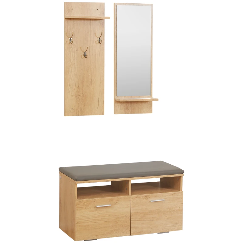 HOMCOM Ensemble de meuble d'entrée vestiaire d'entrée, 1 miroir avec étagère, 1 porte-manteau avec étagère, 1 banc à chaussures