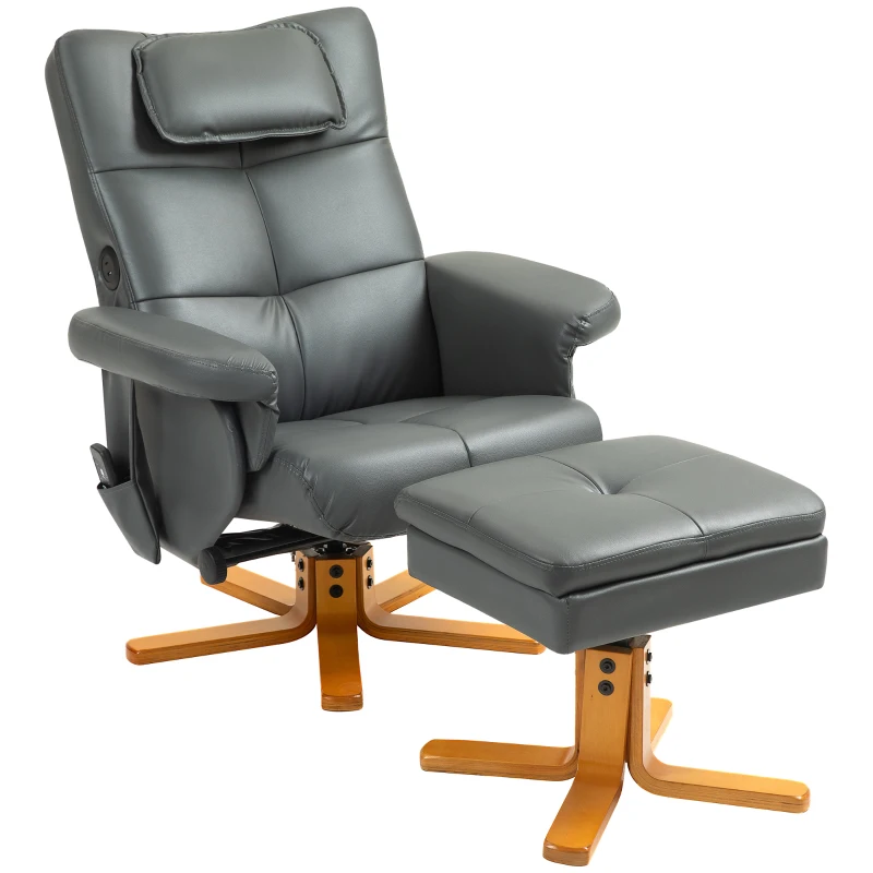 HOMCOM /Massagesessel mit Hocker, verstellbare Lehne, USB-Ladeport, Lederoptik, bis 150 kg, Dunkelgrau