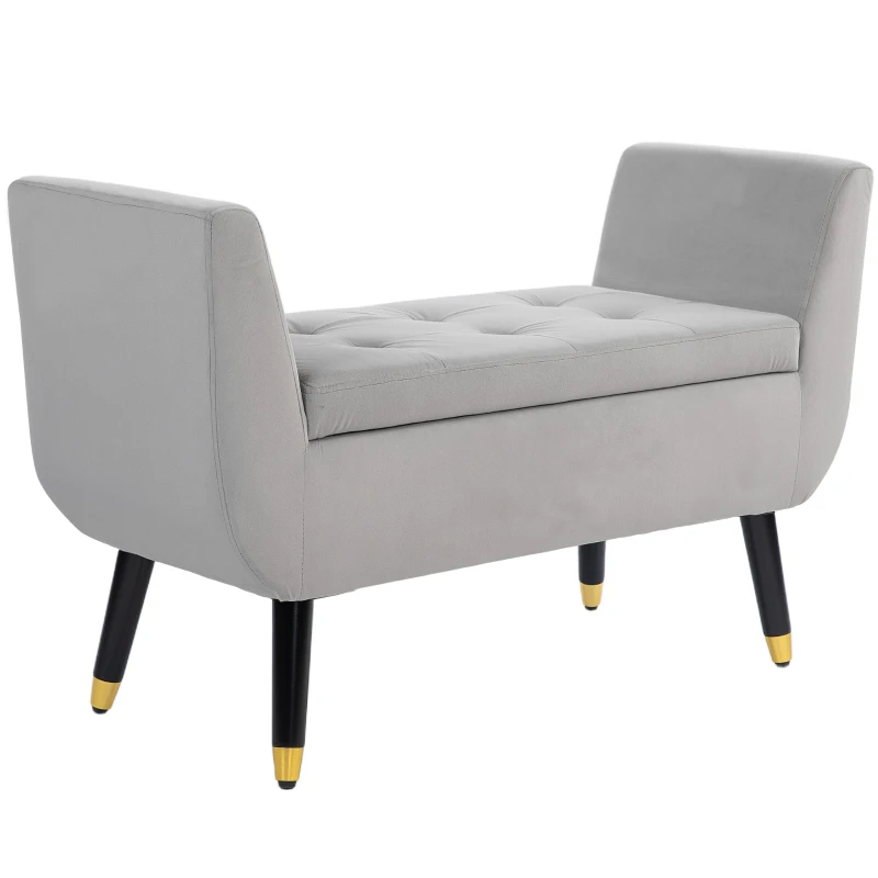 HOMCOM Sitzbank mit Stauraum und Armlehnen, Truhenbank, samtartiges Polyester, Kautschukholz, Hellgrau, 107 x 42 x 65 cm