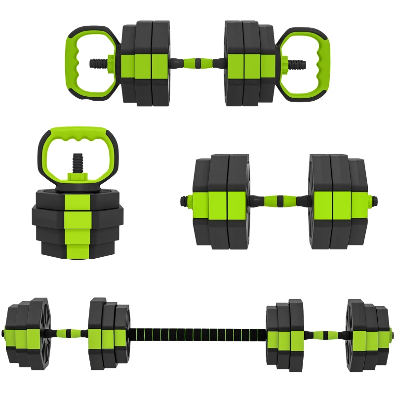 SPORTNOW Set di Manubri Regolabili da 25 kg 4 in 1, con funzione di Kettlebell, Manubri, Bilanciere e Supporto per Flessioni, Verde