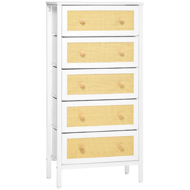 HOMCOM Cómoda Estilo Bohemio com 5 Gavetas de Tecido Dobráveis Superfície de Vime PE e Estrutura de Aço 62x30x126,5 cm Branco