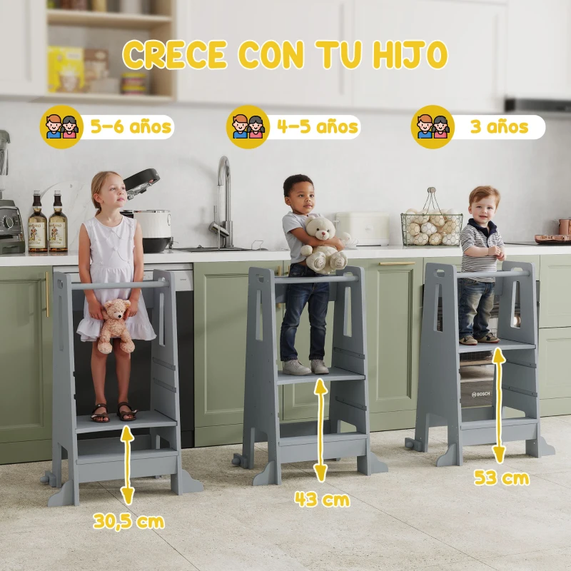AIYAPLAY Torre de Aprendizaje para Niños con Pedal Altura Ajustable en 3 Niveles y Barrera de Seguridad 45x47,5x91 cm Gris
