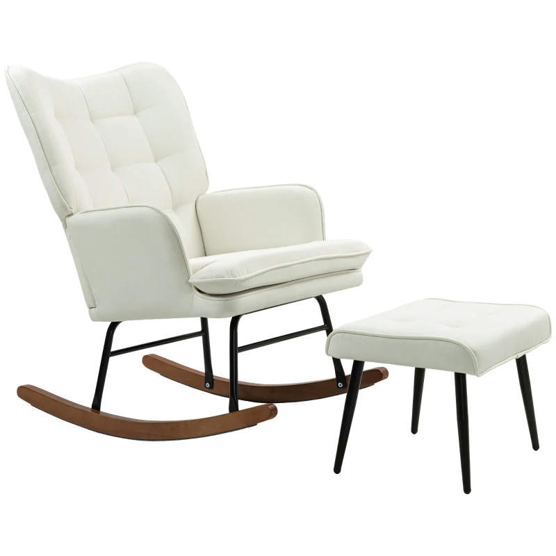 HOMCOM Schaukelstuhl mit Hocker, sanftes Schaukelsystem, Leinenimitat, 64 x 89 x 90 cm, Cremeweiß