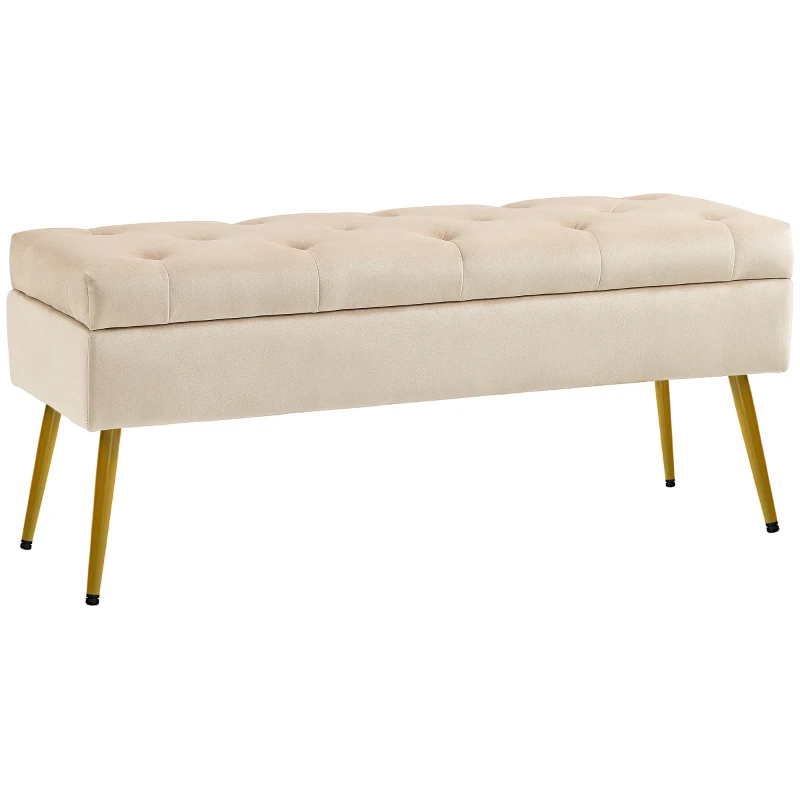 HOMCOM Stauraum-Sitzbank in Samtoptik, gepolsterter Fußhocker mit getuftetem Design, Metallrahmen, 102 x 35 x 43 cm, Beige