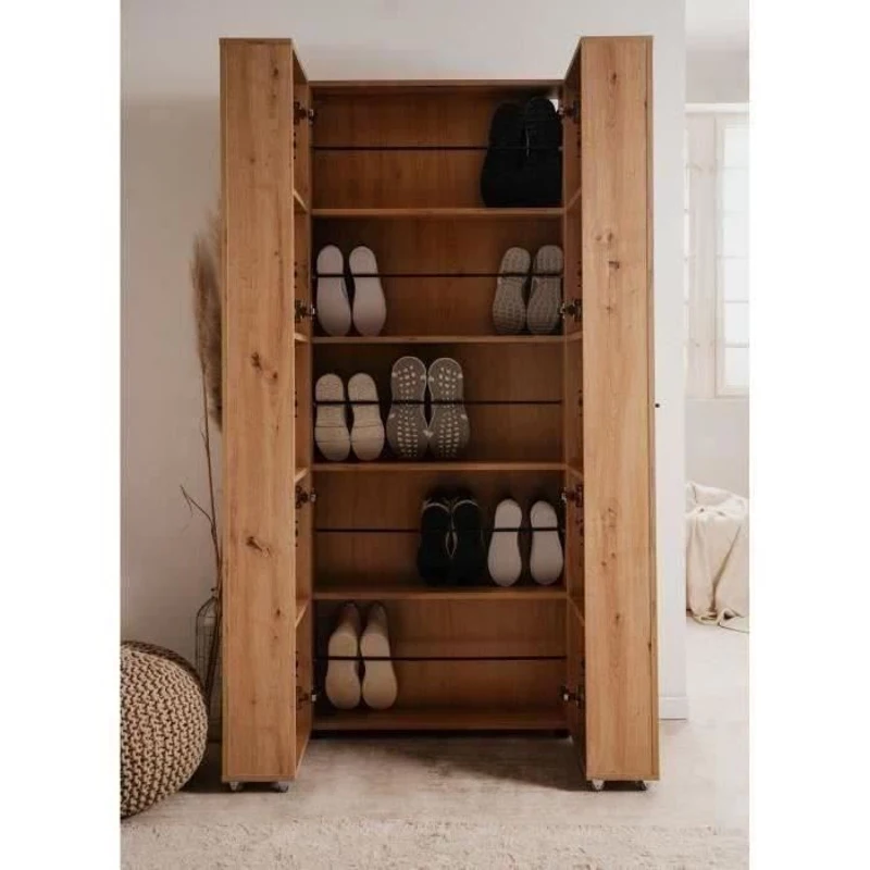 Meuble a chaussures Lugo - Décor chene artisan - 74 x 181,5 x 34 cm - Capacité 32 Paires