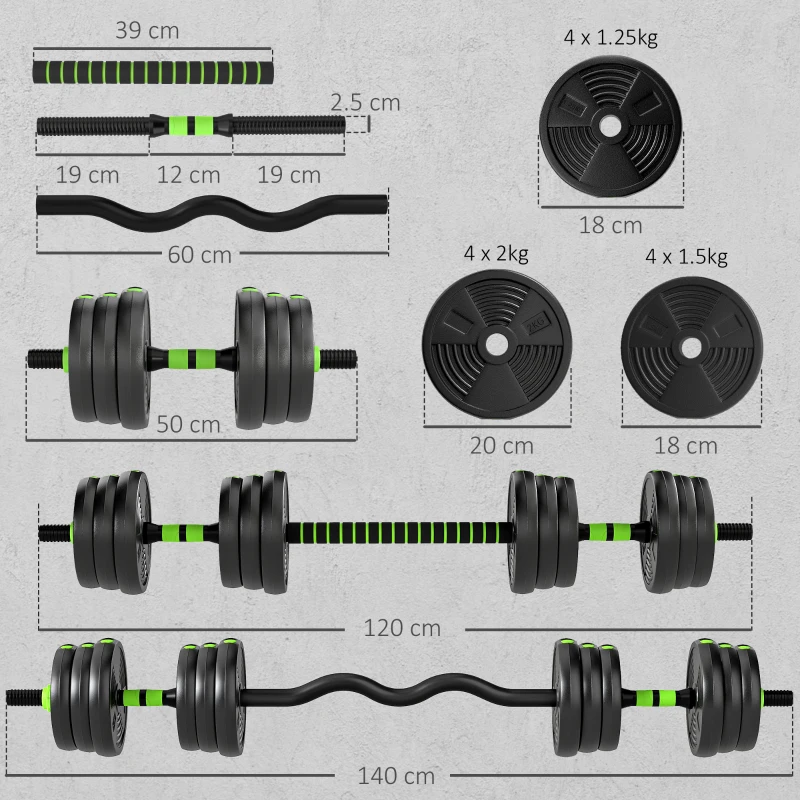 SPORTNOW Set di Manubri Regolabili 20 kg 3 in 1 con Barre di Connessione e Impugnature Antiscivolo, Verde