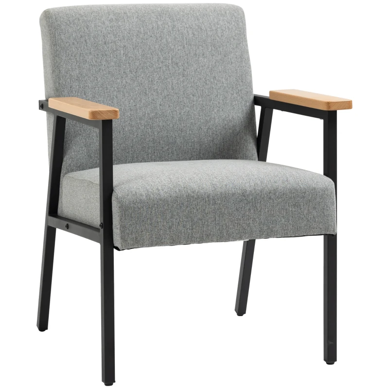 HOMCOM Modern Accent Chair with Cushioned Seat and Back, Upholstered Fireside Chair for Living Room, Comfy Chair with Wood Armrests and Steel Legs, Grey