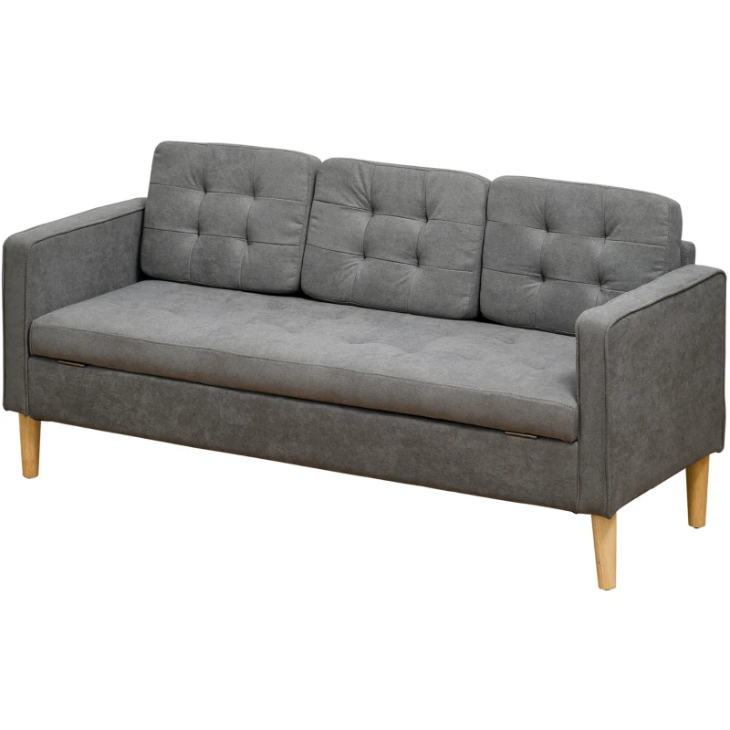HOMCOM Canapé 3 places en coton, canapé moderne avec rangement caché, dossier capitonné, 166,5 x 62 x 82 cm, gris