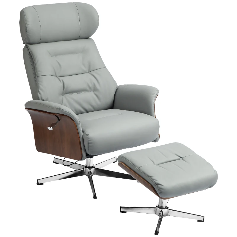 HOMCOM Relaxsessel mit Hocker, Liegefunktion, drehbar, Lederoptik, bis 150 kg, Hellgrau