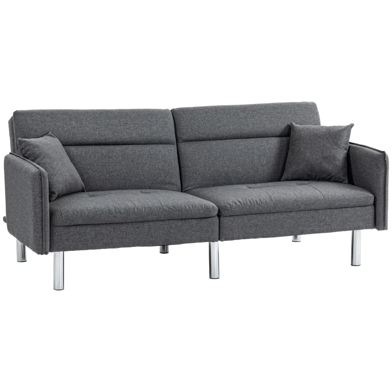HOMCOM Divano Letto 3 Posti con Meccanismo Clic Clac, Schienale Reclinabile e 2 Cuscini, 189x91x84cm, Grigio